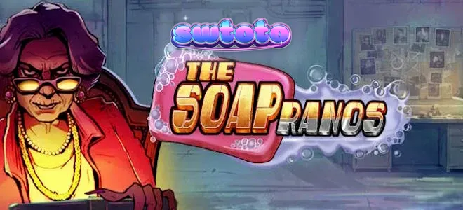 Tampilan layar permainan slot Soapranos dengan elemen neon dan grid 5x3